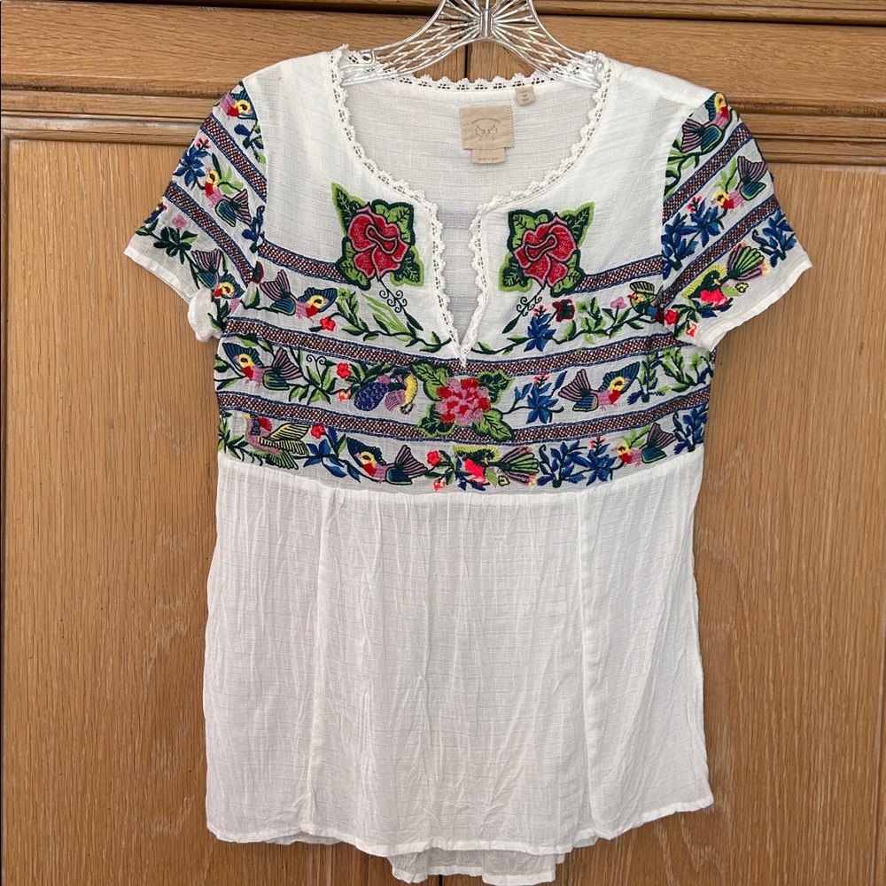 White Gauze Top with Colorful Embroidery